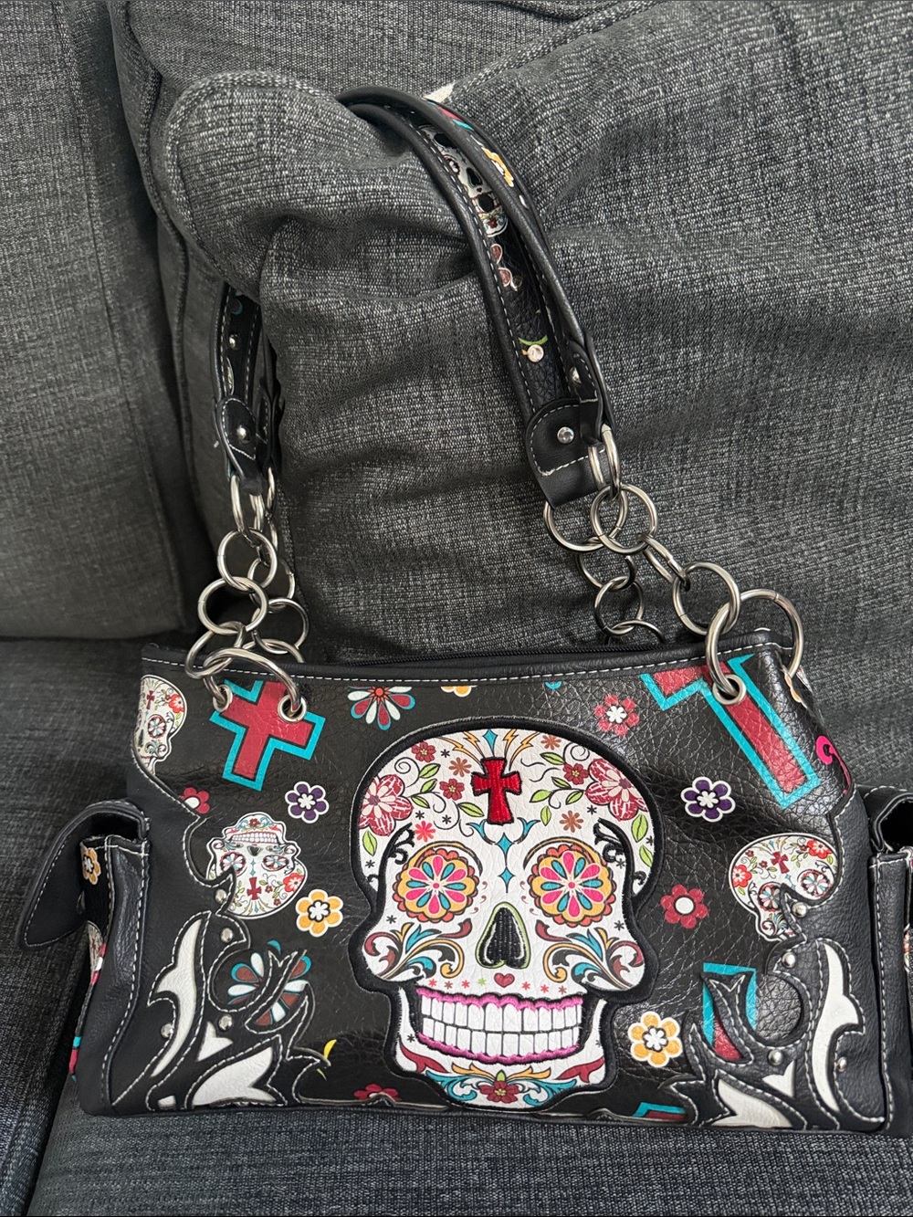 Black Floral Sugar Skull Shoulder Bag
